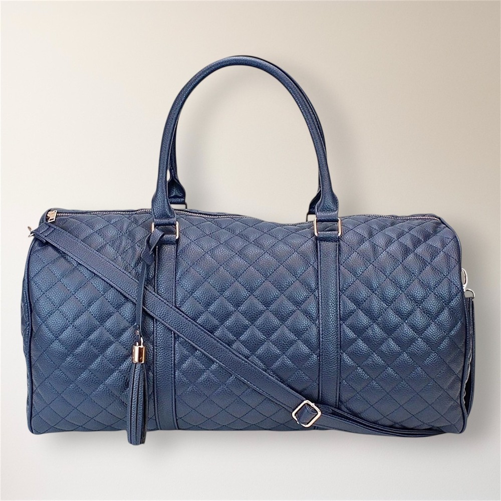 NEW Ms Lovely Navy Quilted‎ Weekender Travel Duffel Bag 22" Rose Gold Carry On